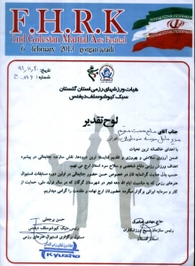 کسب لوح تقدیر از رئیس سازمان بسیج ورزشکاران استان در راستای برگزاری اولین دوره مسابقات فستیوال هنرهای رزمی به مناسبت ایام الله دهه فجر در گرگان - 1391 کسب لوح تقدیر از رئیس سازمان بسیج ورزشکاران استان در راستای برگزاری اولین دوره مسابقات فستیوال هنرهای رزمی به مناسبت ایام الله دهه فجر در گرگان - 1391
