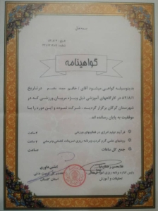 گواهینامه شرکت در کارگاه های آموزشی: فرآیند تولید انرژی در فعالیت های ورزشی - روش های علمی گرم کردن و برنامه ریزی تمرینات کشتی و نرمشی ویژه مربیان ورزشی - 1382 گواهینامه شرکت در کارگاه های آموزشی: فرآیند تولید انرژی در فعالیت های ورزشی - روش های علمی گرم کردن و برنامه ریزی تمرینات کشتی و نرمشی ویژه مربیان ورزشی - 1382