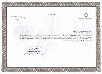 گواهی شرکت در کارگاه آموزشی گزارش نویسی ویژه سازمانهای مردم نهاد - 1393 گواهی شرکت در کارگاه آموزشی گزارش نویسی ویژه سازمانهای مردم نهاد - 1393